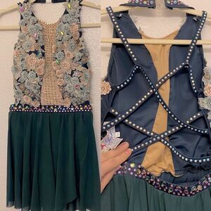 Glamour dance costume green floral embroidered rhinestone embellished adult -SA